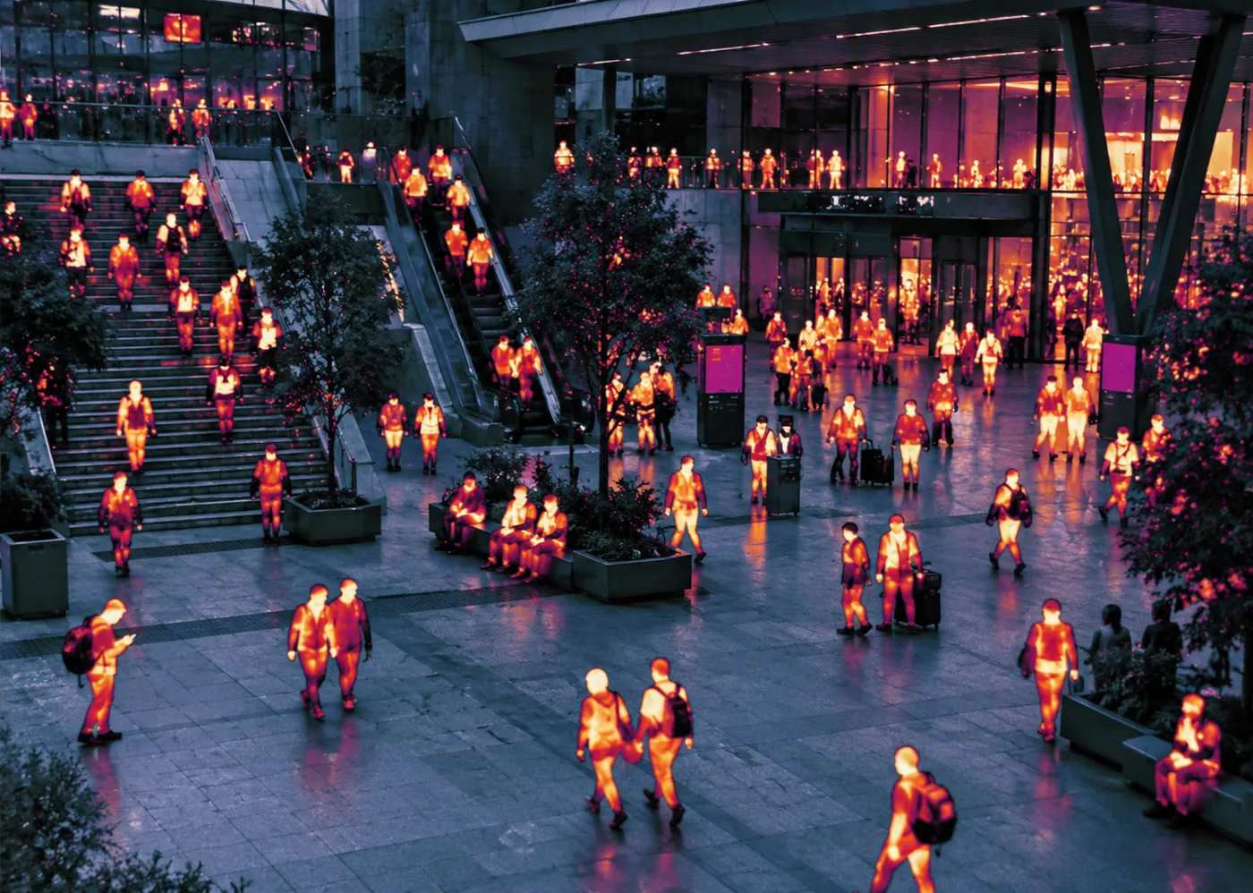 Thermal highlights blended onto an EO image of a busy plaza